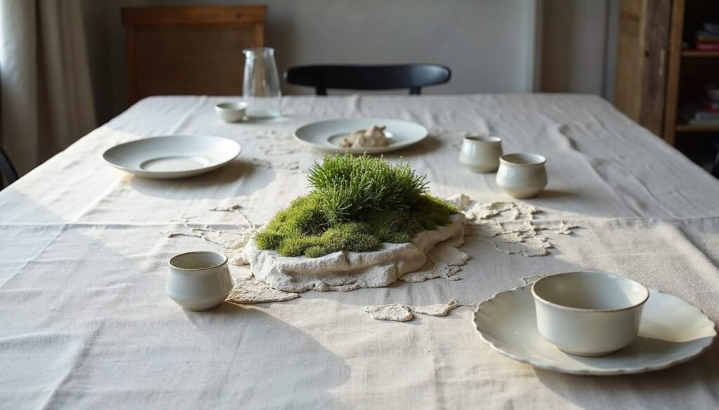 Instalación de mesa de comedor efímera de lino crudo